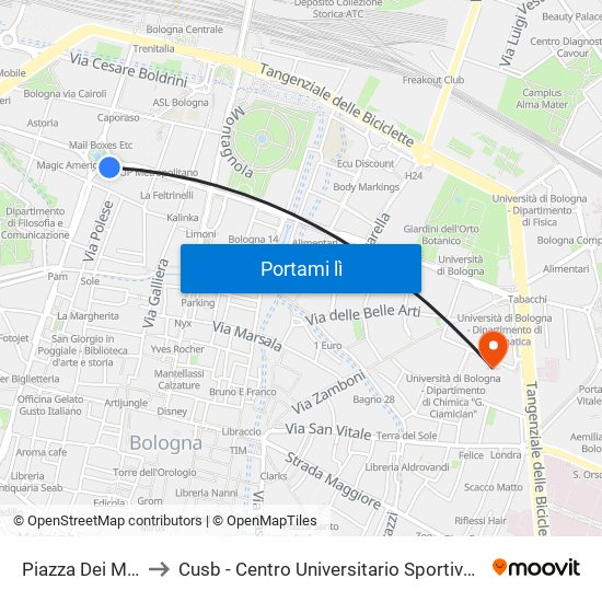 Piazza Dei Martiri to Cusb - Centro Universitario Sportivo Bologna map