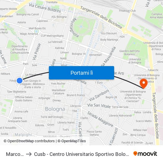 Marconi to Cusb - Centro Universitario Sportivo Bologna map