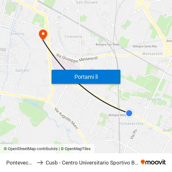 Pontevecchio to Cusb - Centro Universitario Sportivo Bologna map