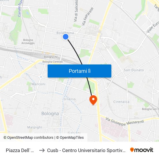 Piazza Dell`Unita` to Cusb - Centro Universitario Sportivo Bologna map