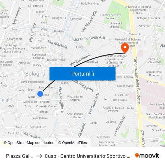 Piazza Galvani to Cusb - Centro Universitario Sportivo Bologna map