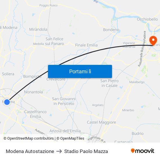 Modena Autostazione to Stadio Paolo Mazza map