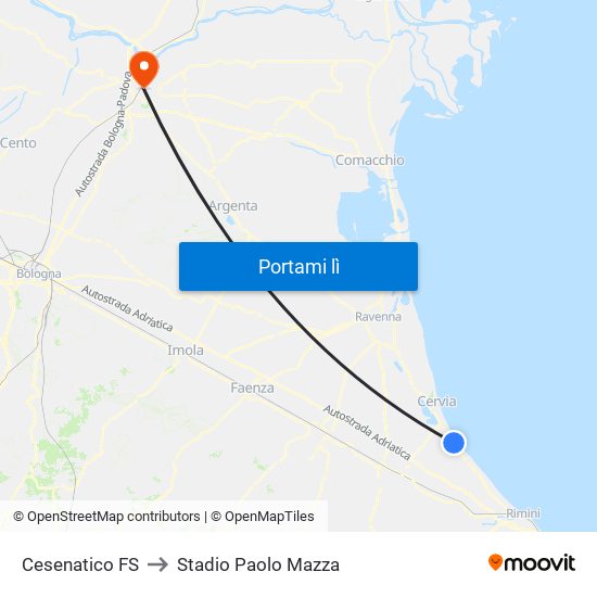 Cesenatico FS to Stadio Paolo Mazza map