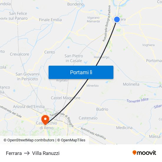 Ferrara to Villa Ranuzzi map