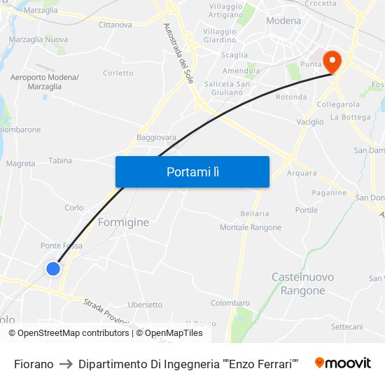 Fiorano to Dipartimento Di Ingegneria ""Enzo Ferrari"" map