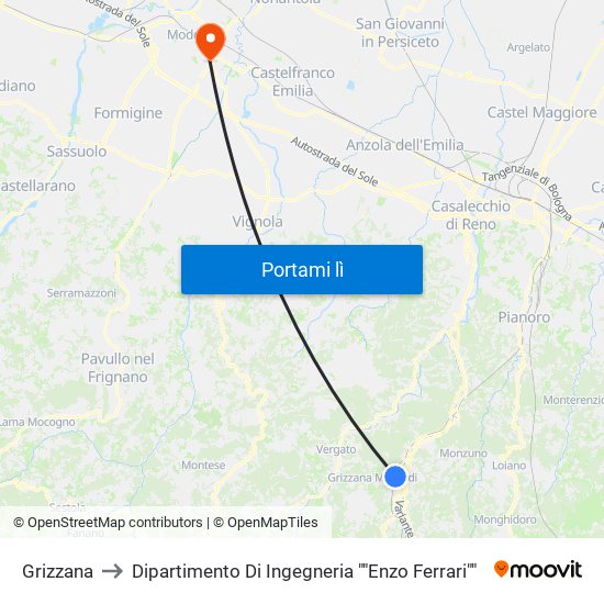 Grizzana to Dipartimento Di Ingegneria ""Enzo Ferrari"" map
