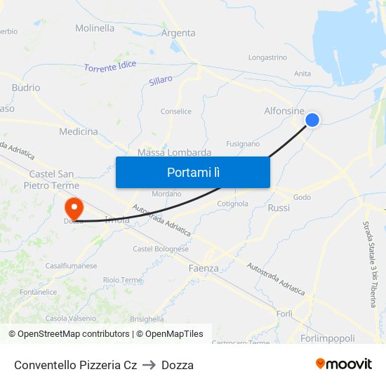 Conventello Pizzeria Cz to Dozza map