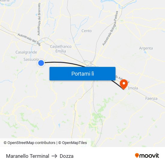 Maranello Terminal to Dozza map