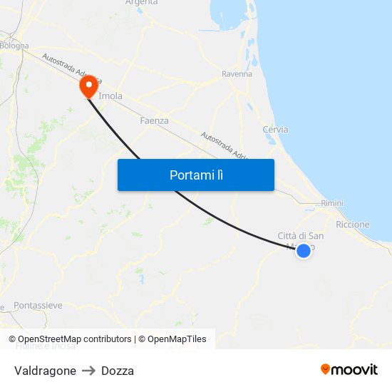 Valdragone to Dozza map