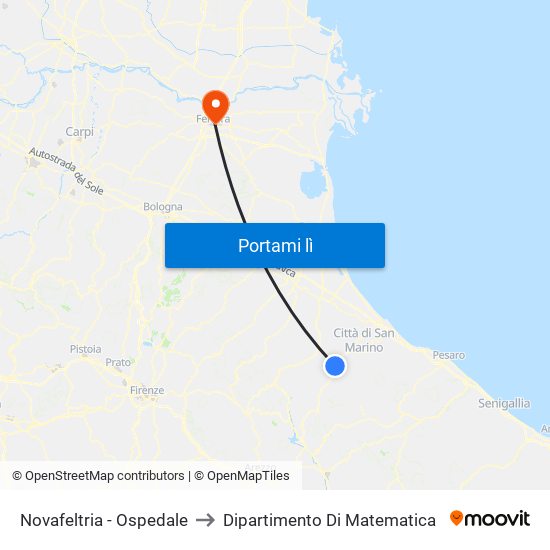 Novafeltria - Ospedale to Dipartimento Di Matematica map