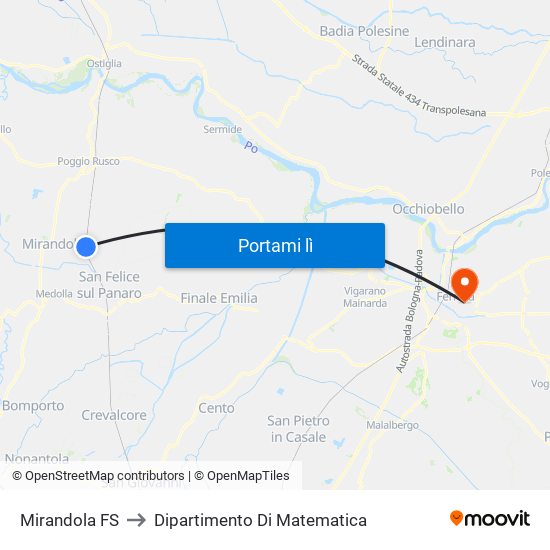 Mirandola FS to Dipartimento Di Matematica map