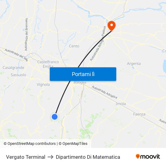 Vergato Terminal to Dipartimento Di Matematica map