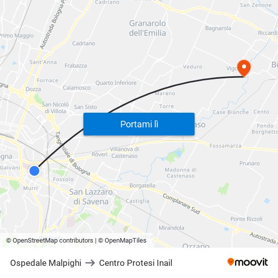 Ospedale Malpighi to Centro Protesi Inail map