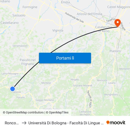 Roncoscaglia 1 to Università Di Bologna - Facoltà Di Lingue E Letterature Straniere - Presidenza map