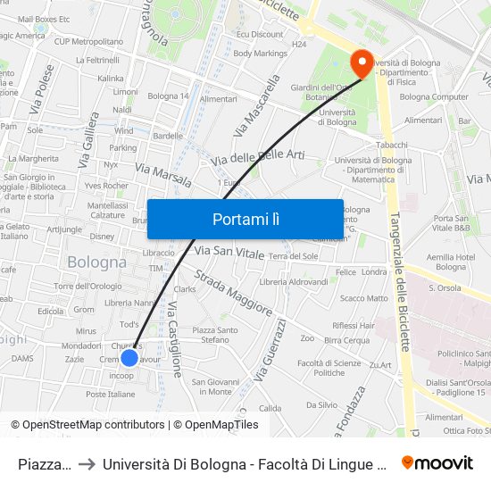 Piazza Cavour to Università Di Bologna - Facoltà Di Lingue E Letterature Straniere - Presidenza map