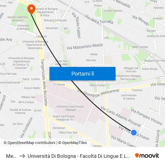 Mengoli to Università Di Bologna - Facoltà Di Lingue E Letterature Straniere - Presidenza map