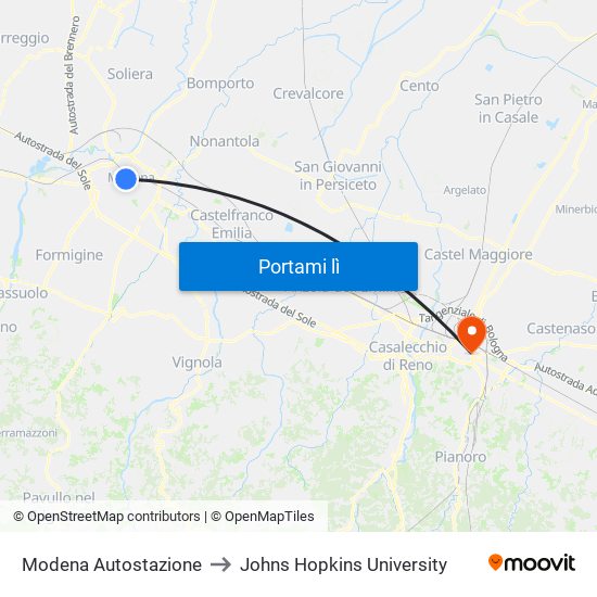 Modena Autostazione to Johns Hopkins University map