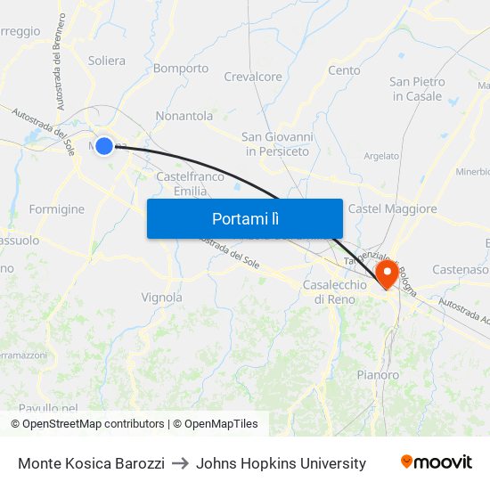 Monte Kosica Barozzi to Johns Hopkins University map