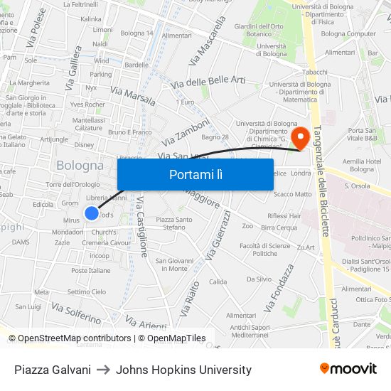 Piazza Galvani to Johns Hopkins University map