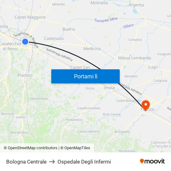 Bologna Centrale to Ospedale Degli Infermi map