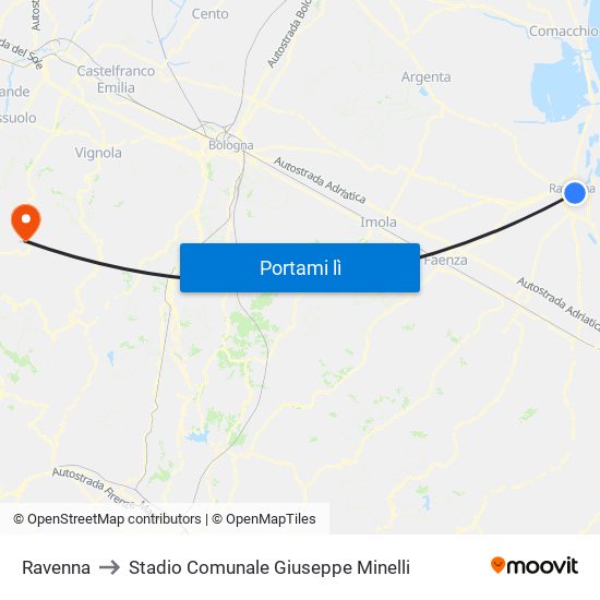 Ravenna to Stadio Comunale Giuseppe Minelli map