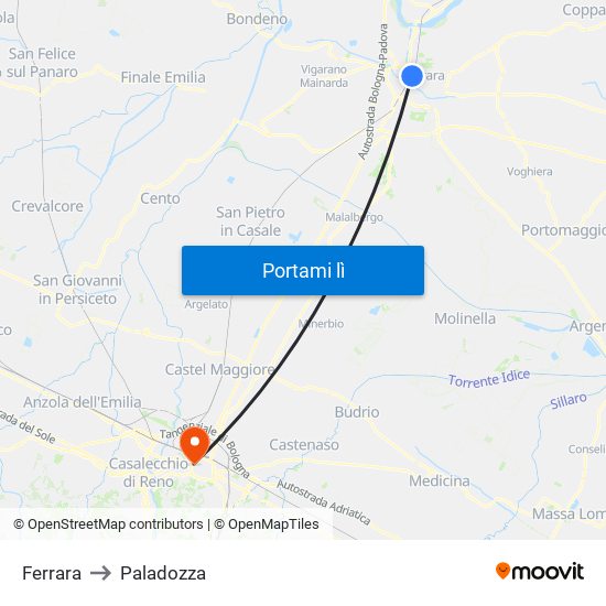 Ferrara to Paladozza map