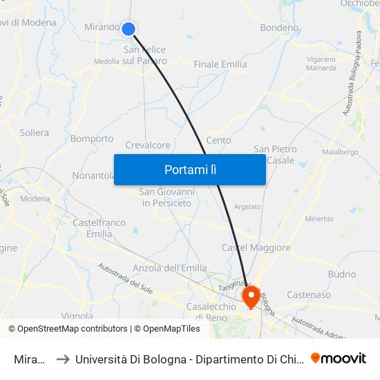 Mirandola to Università Di Bologna - Dipartimento Di Chimica ""G. Ciamician"" map