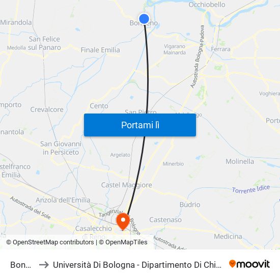 Bondeno to Università Di Bologna - Dipartimento Di Chimica ""G. Ciamician"" map