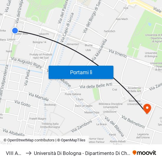 VIII Agosto to Università Di Bologna - Dipartimento Di Chimica ""G. Ciamician"" map