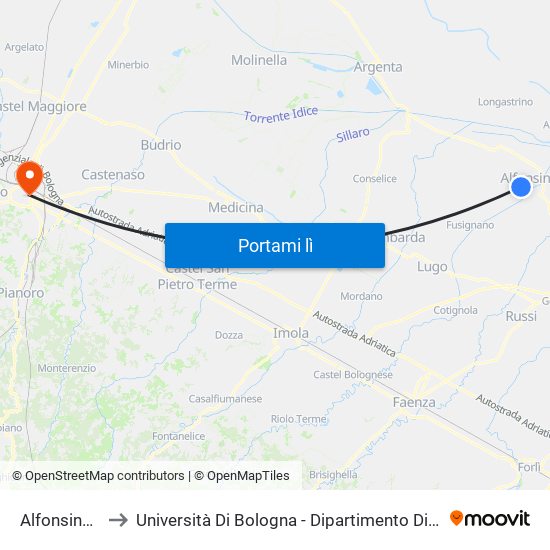 Alfonsine Stadio to Università Di Bologna - Dipartimento Di Chimica ""G. Ciamician"" map