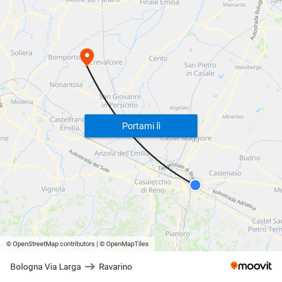 Bologna Via Larga to Ravarino map