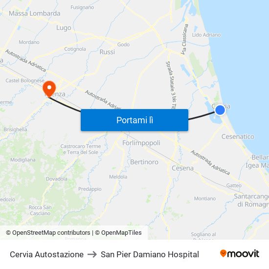 Cervia Autostazione to San Pier Damiano Hospital map