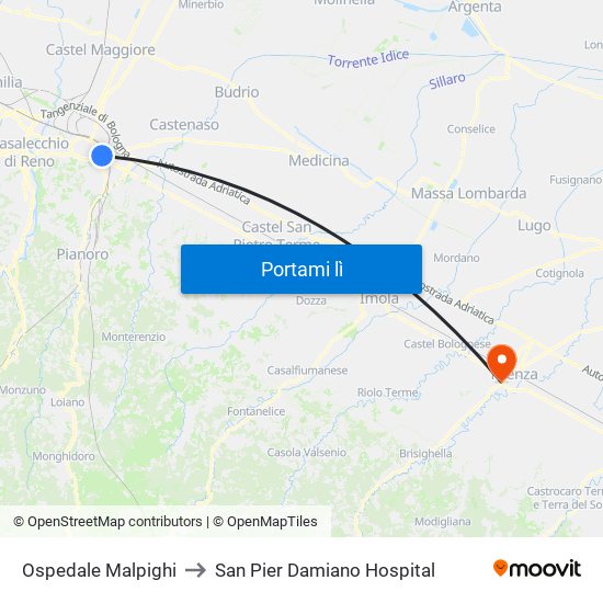 Ospedale Malpighi to San Pier Damiano Hospital map