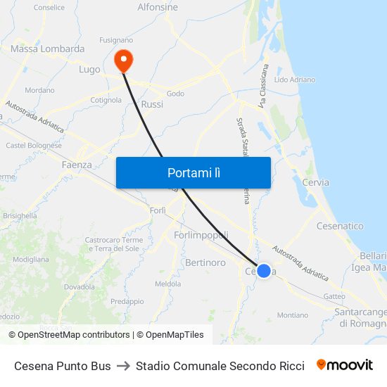 Cesena Punto Bus to Stadio Comunale Secondo Ricci map