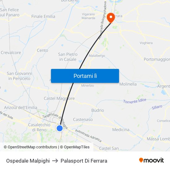 Ospedale Malpighi to Palasport Di Ferrara map