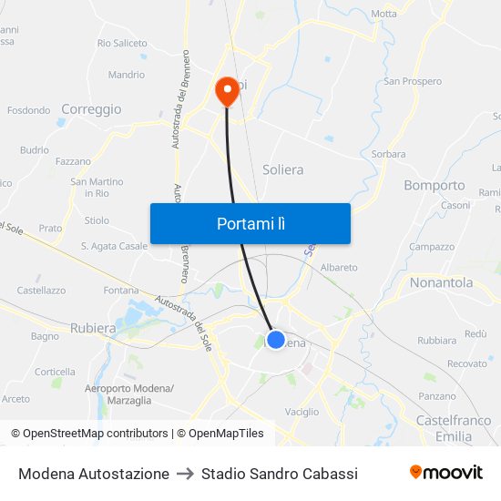 Modena Autostazione to Stadio Sandro Cabassi map