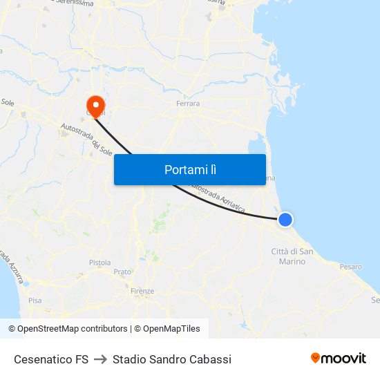 Cesenatico FS to Stadio Sandro Cabassi map