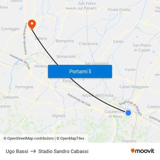 Ugo Bassi to Stadio Sandro Cabassi map