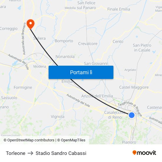 Torleone to Stadio Sandro Cabassi map