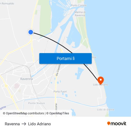 Ravenna to Lido Adriano map