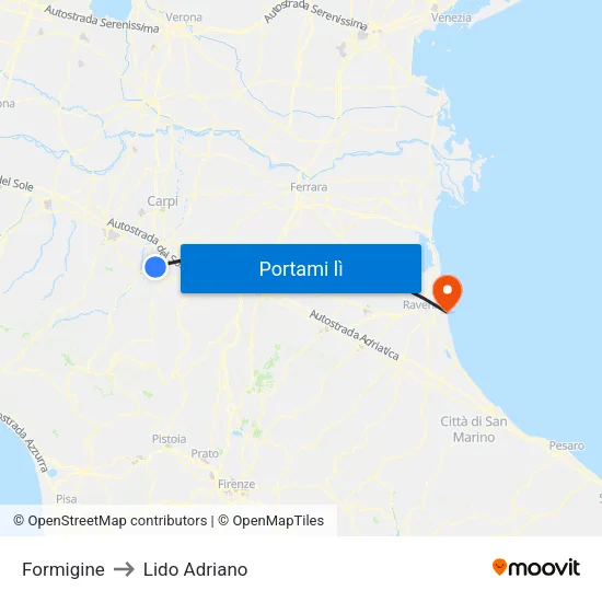 Formigine to Lido Adriano map