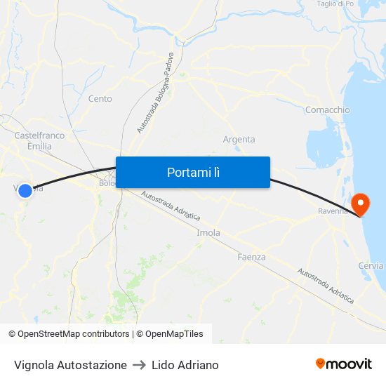 Vignola Autostazione to Lido Adriano map