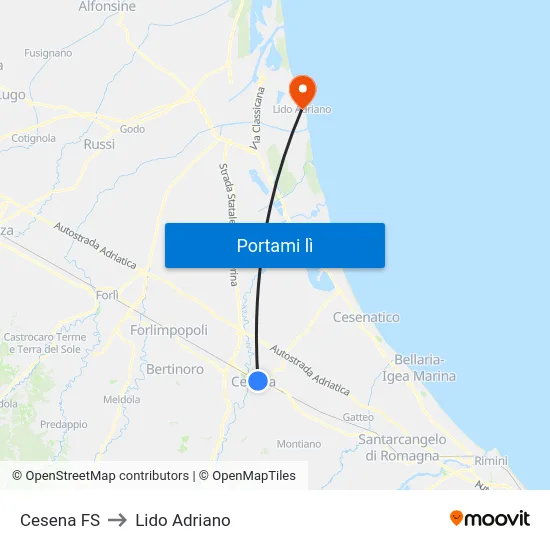 Cesena FS to Lido Adriano map