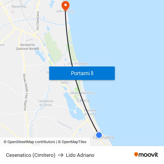 Cesenatico (Cimitero) to Lido Adriano map
