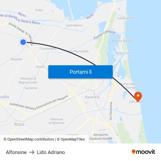 Alfonsine to Lido Adriano map