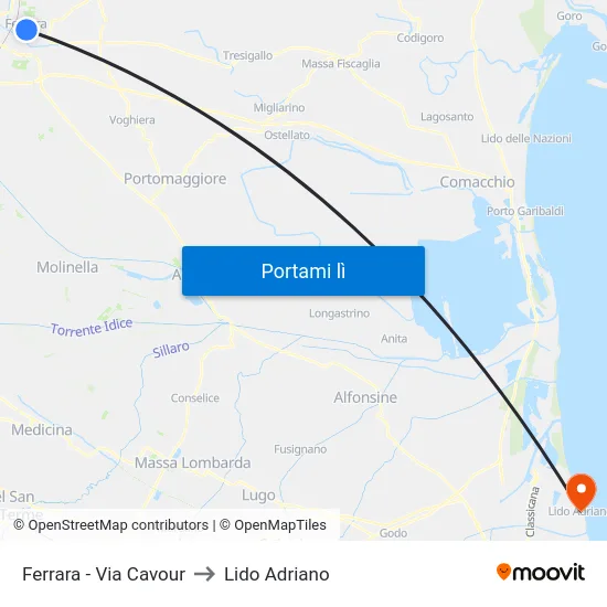 Ferrara - Via Cavour to Lido Adriano map