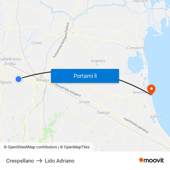 Crespellano to Lido Adriano map
