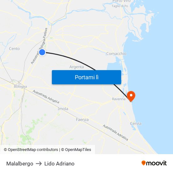 Malalbergo to Lido Adriano map