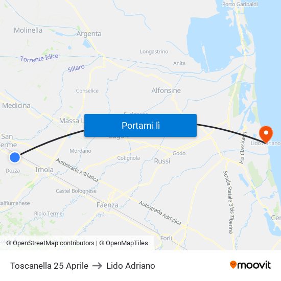 Toscanella 25 Aprile to Lido Adriano map