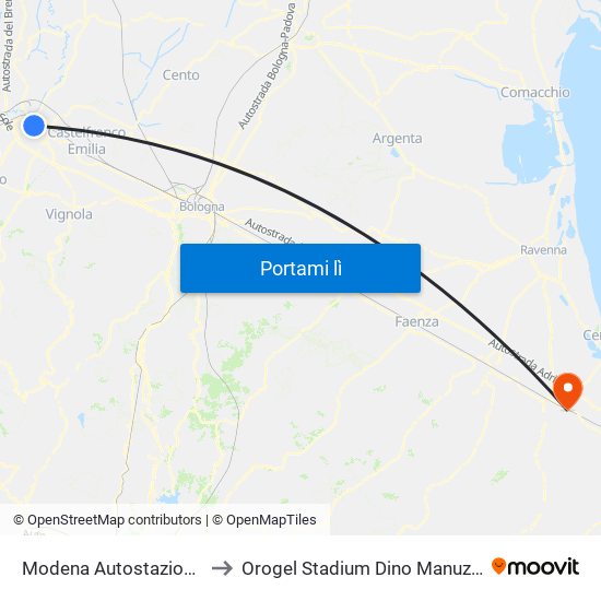 Modena  Autostazione to Orogel Stadium Dino Manuzzi map